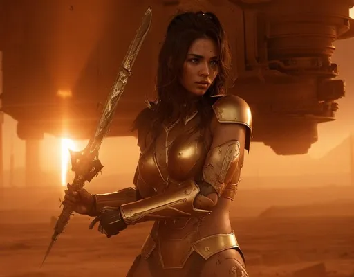 Prompt: female brown haired spartan warrior wearing a futuristic golden heavy whole body armor covered in blood with a beautiful face covered in blood and mud fights with her incredible realistic sword in a very fierce battle on Mars, hyperrealistic, whole body in cinematic dramatic motion, sunrise on mars