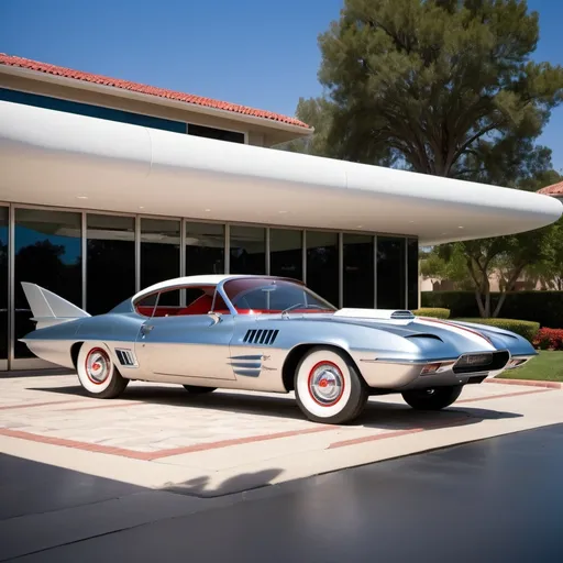 Prompt: retro-futuristic turbine powered car, Chevy Firehawk, 1960s, silver red & blue metallic, two-door, bubble canopy, tail fins, whitewall tires, parked under the porte cochere of a fancy high-end club, daylight, high-res, professional photo, retro-futuristic, metallic sheen, vintage design, luxury club, classic car, detailed reflections, sleek lines, upscale, daylight, vibrant colors, colorful landscaping, paver driveway