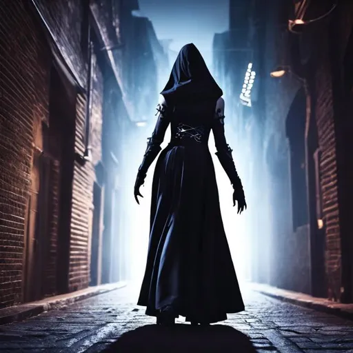 Prompt: mysterious figure in a dark ally with a long black cape with piercing dark eyes 
