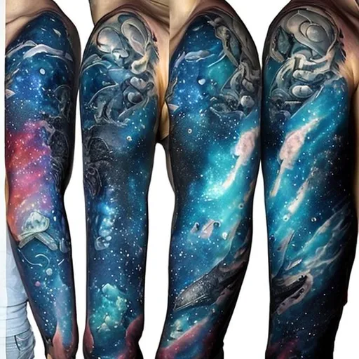 Prompt: oceanic space themed full sleeve arm tattoos