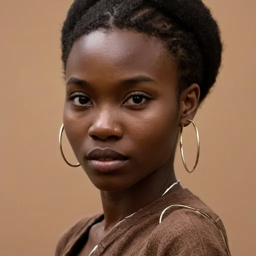 Prompt: a woman with a large hoop earrings on her head and a brown shirt on her shoulders and a brown background, Chinwe Chukwuogo-Roy, afrofuturism, brown skin, a portrait