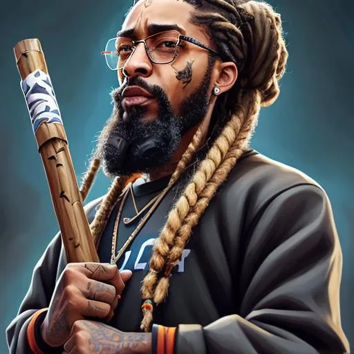 Prompt: Nipsey Hussle with dreadlocks and glasses on the body of Reinhardt from Overwatch smoking a giant stick,
sharp focus, ultra-fine details, cinematic lighting, 4k | oil painting illustration, digital painting, high detail background