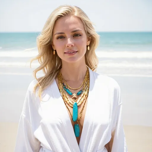 Prompt: A woman wearing a gorgeous white robe and a golden necklace. she is blonde. she is on the beach