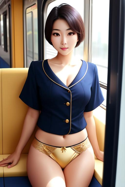 beautiful Korean girl , wearing only gold black pant