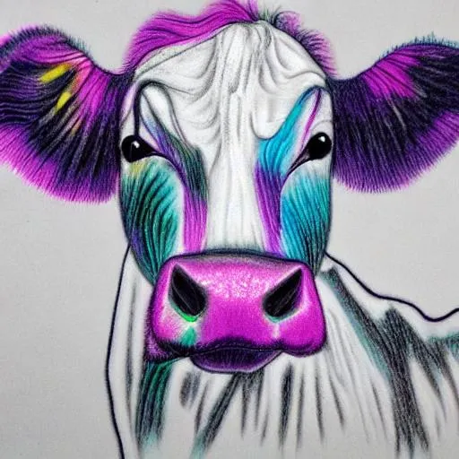 Prompt: a tie-dyed patterned dairy cow acting like an accountant pencil drawing


