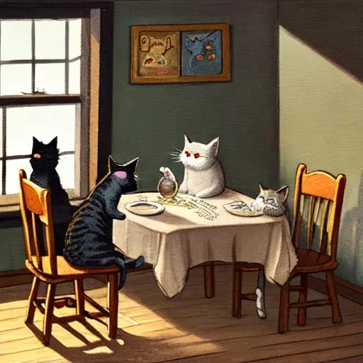 Prompt: Illustration of cats at a table, inside house, pie, dark, children's book