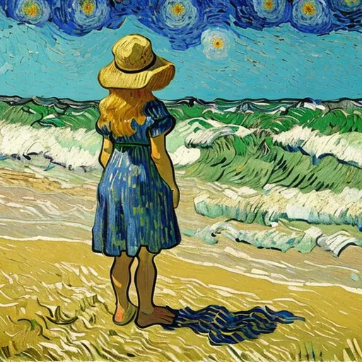 Prompt: girl in a beach, van gogh painting