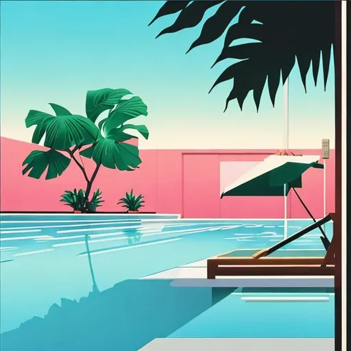 Prompt: tropical dusk poolside in style of Hiroshi Nagai painting with the 
