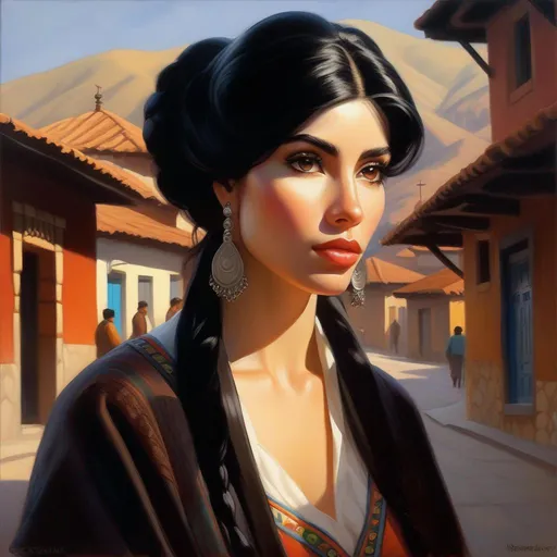 Prompt: Castizo woman, pale skin, black hair, dark brown eyes, in Santiago de Chile, cartoony, cold atmosphere, extremely detailed painting by Greg Rutkowski and by Henry Justice Ford and by Steve Henderson