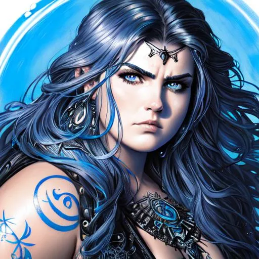 Prompt: a painting of a heavyweight woman with bright blue long wavy hair, round face, chubby face, by Luis Royo, amy sol in the style of, neon color scheme art rendition, annoyed expression, tattoos, detailed facial structure, (((barbarian))), (((warrior))), (((ready for battle))), black and white artwork, idealised, pastel drawing, digital art of an elegant, artgram, female water elemental, pinterest anime, charli bowater and artgerm