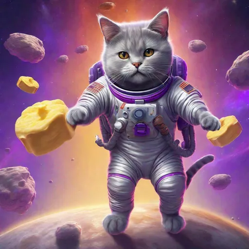 Prompt: Brilliant Striking concept art of a gray cat in a space suit named Ricky. Floating through empty space holding a stick of butter. Exquisite Detail Everything is perfectly to scale, HD, UHD, 8k Resolution, Vibrant Colorful Award winning Image with a purple color scheme