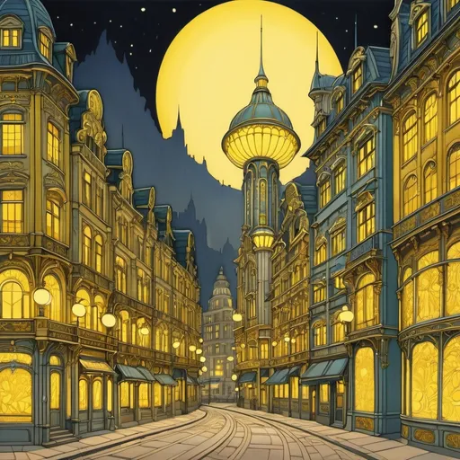 Prompt: City at night, with yellow glowing lights, art nouveau, cel shaded illumination 