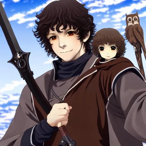 Prompt: todd howard as an anime girl, cute, kawaii, realistic, brown curly hair, grey eyes, smiling gently, wearing a black leather jacket, holding a sword, having a medival owl on his shoulder, high resolution 