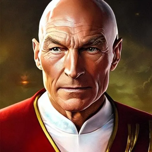 Prompt: Hyper realistic portrait of captain Picard, Full poster art, high-quality high-detail highly-detailed breathtaking hero ((by Aleksi Briclot and Stanley Artgerm Lau)) - ((Captain Picard)) ,full form, epic, 8k HD, fire, sharp focus, ultra realistic clarity, full body, high quality cell shaded illustration, ((full body)), dynamic pose, perfect anatomy, centered, freedom, soul, approach to perfection, cell shading, cinematic dramatic atmosphere, watercolor painting, global illumination, detailed and intricate environment, artstation, concept art, fluid and sharp focus, volumetric lighting, cinematic lighting,
