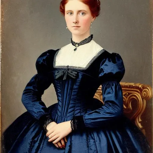 Prompt: portrait of a beautiful Victorian girl with red hair and dark blue eyes wearing a dark blue gown