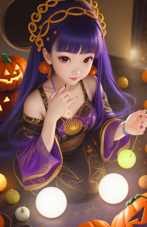 Prompt: halloween, hu tao, mole under eye, mole on body, casting magic, glowing magic circle, 12 year old girl, ((full body)) {{good looking}} {{cute}} {{good body}} {{tight}}, symmetrically colored hair, {{shadows}},
