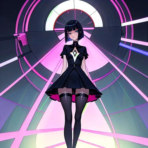 Prompt: a lonely AI girl, very tall, thick thighs, wide hips, long legs, slender arms, slender waist, big beautiful symmetrical eyes, intriguingly beautiful face, aloof expression, bob haircut with bangs, wearing acid-witchouse neo-GothPop fashion clothes, 12K resolution, hyper quality, hyper-detailed, hyper-realistic, hyper-professional