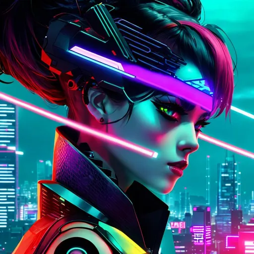 Prompt: Cyberpunk style, beautiful Korean standing cyberpunk rooftop, wearing a short v-cut black dress with leg slip, tatoos, rooftop bar setting, glass tables with wine bottles, red soft couches, hologram dancers, moonlight, young, wearing gloves, neon fishnets, seductive face, red district lights, symmetrical face, close up shot, 4k