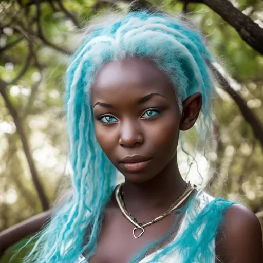 Prompt: african woman white hair elf blue dress