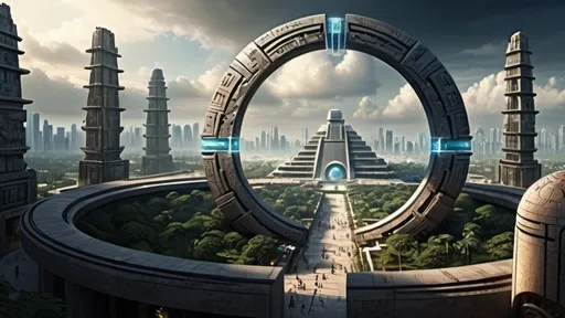 Prompt: magical portal between cities realms worlds kingdoms, circular portal, ring standing on edge, upright ring, freestanding ring, hieroglyphs on ring, complete ring, ancient mayan architecture, zigurat, pylons, gardens, hotels, office buildings, shopping malls, large wide-open city plaza, panoramic view, futuristic cyberpunk tech-noir setting, open sky