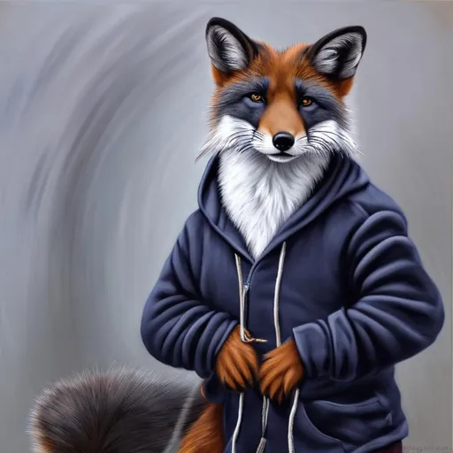 Prompt: Dark indigo anthropomorphic fox, white chest and front paws, grey stipes on hind legs and tail, white tips on his ears, human look and standing upright, wearing a black hoodie, oil painting, realistic