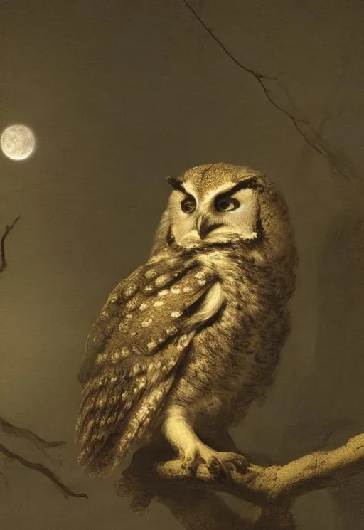 Prompt: An owl on a tree limb at night with the moon behind it painted by Rembrandt 