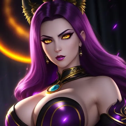 Prompt: Attractive seductive feminine woman with ultra realistic purple hair and ultra realistic yellow eyes, yellow charged energy aura, dark bokeh environment, triumphing pose, cursed witch, evil villainess outfit with deep cleavage, toned body, angry attitude and face expression, character portrait, intricate details, hyperrealistic, professional, ideal human, sharp focus, sensual feminine, highly detailed, detailed face, detailed body, UHD, HDR, 8K, 64k, render, HD Quality, trending on artstation, front view, canon, 24mm, studio lighting, ((huge breast)), ((sexy))