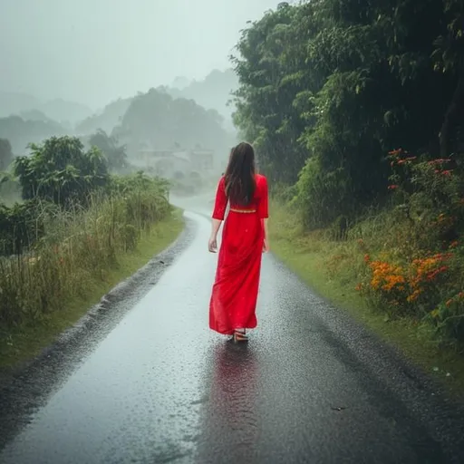 Prompt: One beautiful girl she is wearing red dress and walking on road and rain in the sky road side some house and car and trees slow sun light 