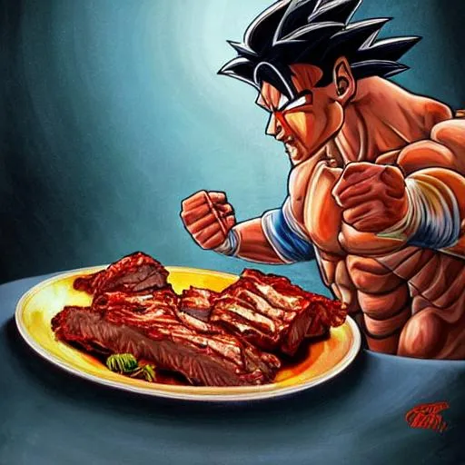 Prompt: Buff, goku eating meat off of a rack of ribs, intricate, elegant, highly detailed, lighting, painting, artstation, smooth, illustration, art by greg rutowski and alphonse mucha