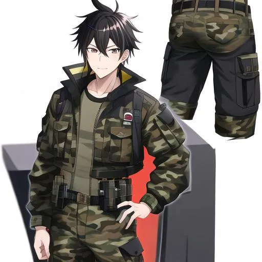 Prompt:  Yuichi 1male. {{Black spiky hair}} Wearing a camouflage jacket, cargo pants, sturdy boots, utility belt with pockets. Adam Manyoki, UHD. 4K. Highly detailed face. Adult