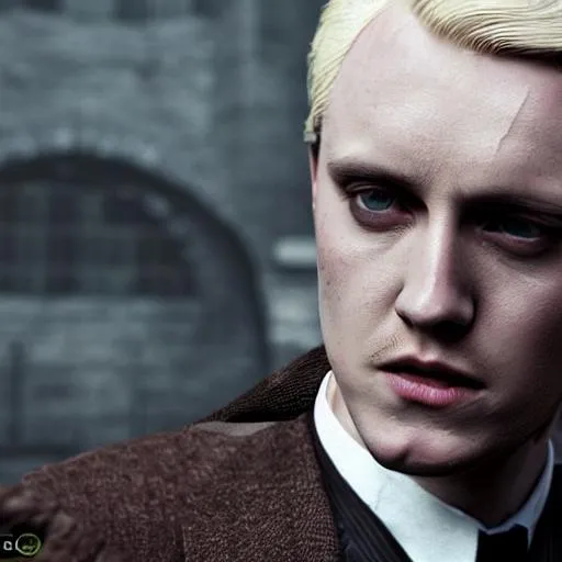 Prompt: Draco Malfoy, realistic, post-war, death eater, magic, smooth, details, 8K, dramtic, focus, full shot, fantasy, realistic, hyper realistic, unreal engine 8k octane, 3d lighting