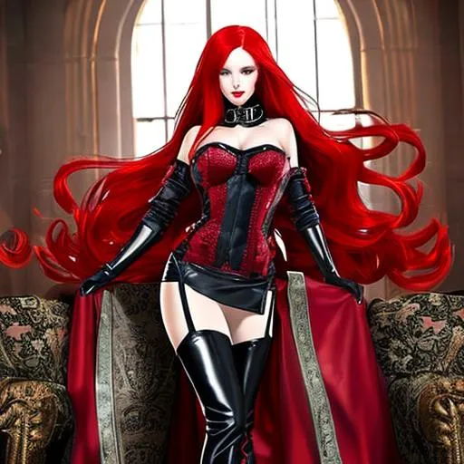 Prompt: Knee Long red hair, a Curvy and beautiful figure, thigh stockings, thigh High boots with heels. Beautiful Eyes that draw you in.  
Long Gloves