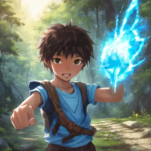 Prompt: High quality, 4k image of an short young, 10 year old asian japanese boy, brown hair, wearing blue vest shirt, black shorts, pointing at viewer, glowing blue eyes, blue magic aura on pointing finger, brave face expression and epic fantasy background, anime style, manga style