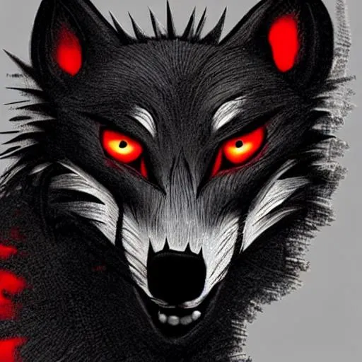 Prompt: scary wolf realastic, black and red