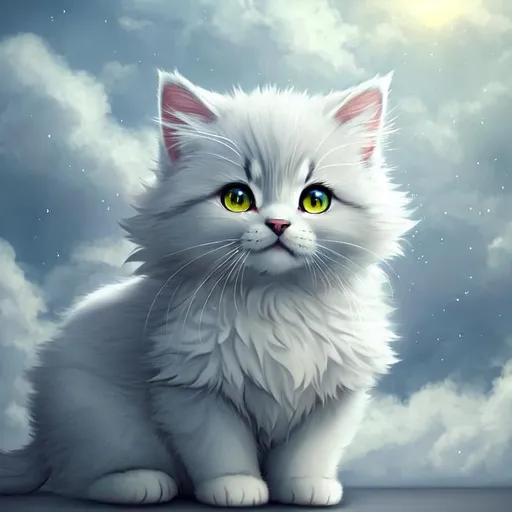 Prompt: Cute, very, very, light gray, fluffy, fantasy light kitten, with cloudy, white eyes, very, light, light, gray fur, and possessing the element of air and making circles of clouds and air move around in the air in a magical way, in a space background. Perfect features, extremely detailed, realistic. Krenz Cushart + loish +gaston bussiere +craig mullins, j. c. leyendecker +Artgerm.