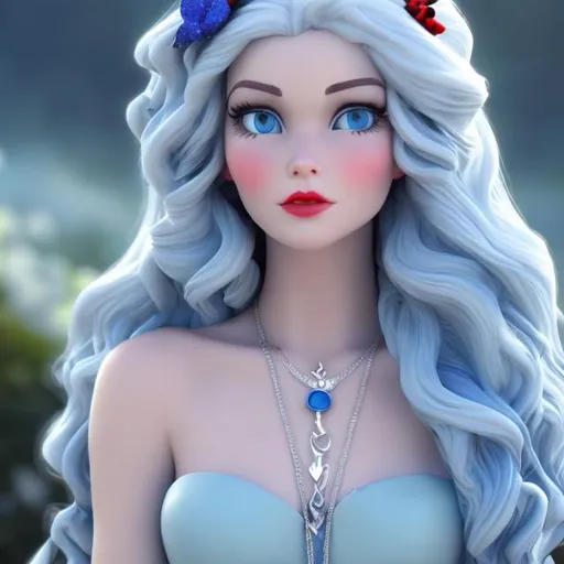 Prompt: snow white hair and skin, dark blue ocean eyes, wears a blue dress, silver wrap around heels and a sliver moon hair pendent in her hair