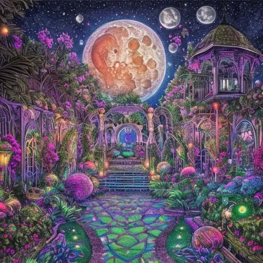 Prompt: Romantic garden, the moon is a discoball, bright colors, extremely detailed, drawn with sparkle gel pens. High resolution, symmetrical, highly detailed, intricate details, sharp focus, centered,




