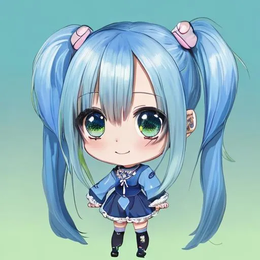 Prompt: masterpiece, (Chibi), blue long hair, tiny 2 pigtails, green eye, detailed face, happy, highlight eyes, pastel color, anime style