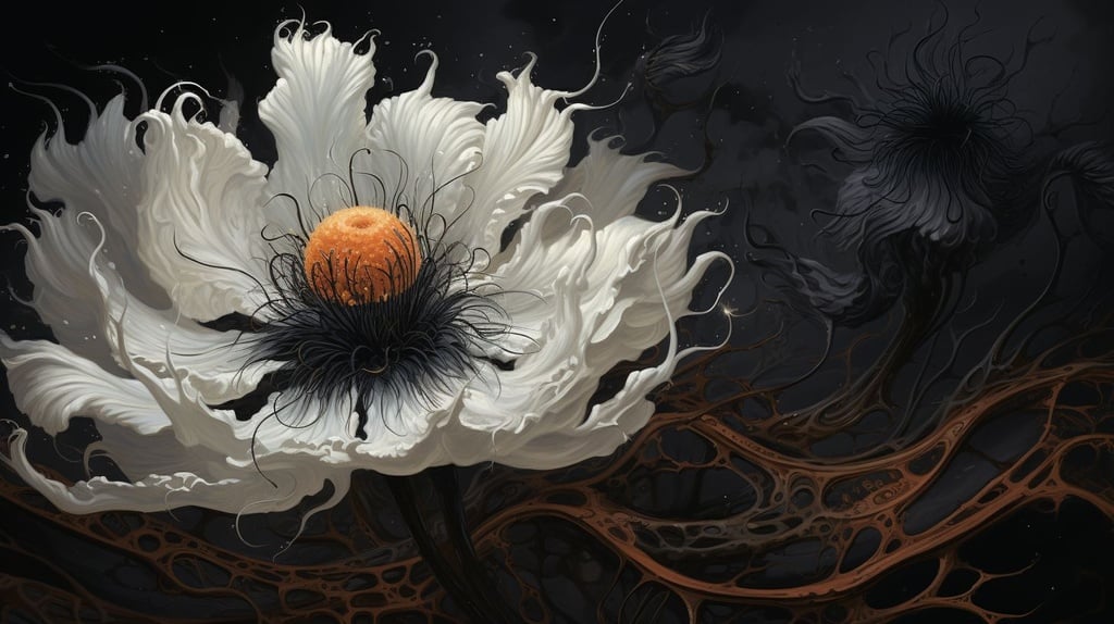 Prompt: a large black flower with a white flower in the middle, in the style of rough-edged 2d animation, cellular formations, tangled nests, paleocore, reduction of canine anatomy, microfilm, made of feathers