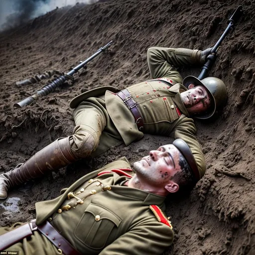 Prompt: Gruesome picture of a dead, decaying WW1 German soldier laying in a muddy trench, his Kaiserliche Armee uniform is muddy, dirty and dusty and covered with bloodstains from his many injuries, while dozens of shells explode all around him sending plumes of black smoke, dirt and shrapnel up into the air