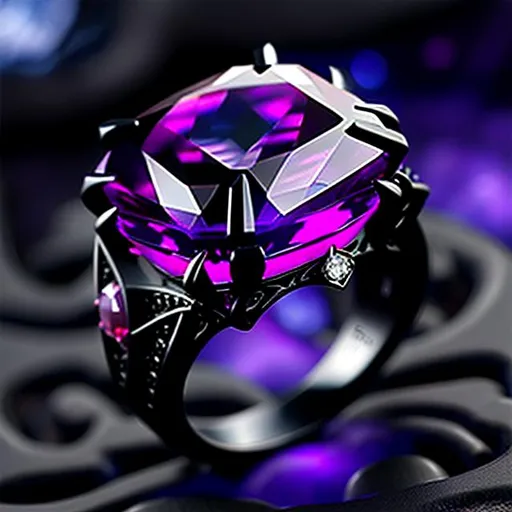 Prompt: Ultra realistic 8k high detail high definition photo, black and silver ring with large shining purple gemstone, crystal diamond, gothic mystic galactic, background is blurry magical space