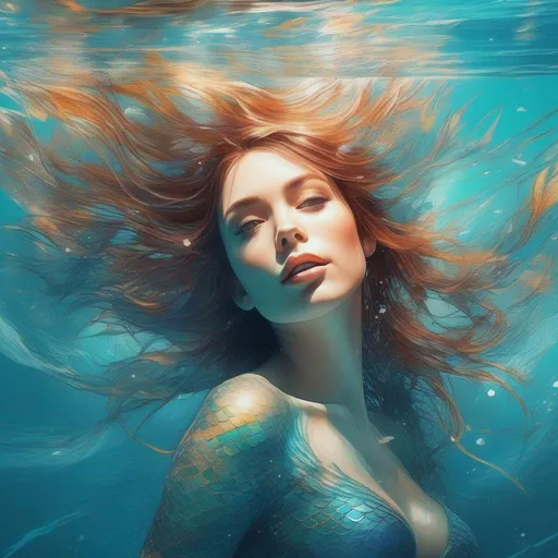 Prompt: a visual stunning photo of a beautiful mermaid| wonderful ocean deep| dynamic pose | centered| key visual| intricate| highly detailed| breathtaking beauty| precise lineart| vibrant| comprehensive cinematic| Carne Griffiths| Conrad Roset| Anna Dittmann| underwater caustics, sunbeam