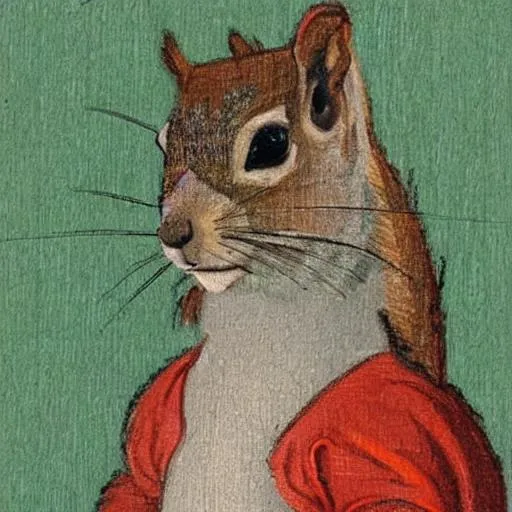 Prompt: A squirrel in medieval clothes is looking at the viewer in impressionism style
