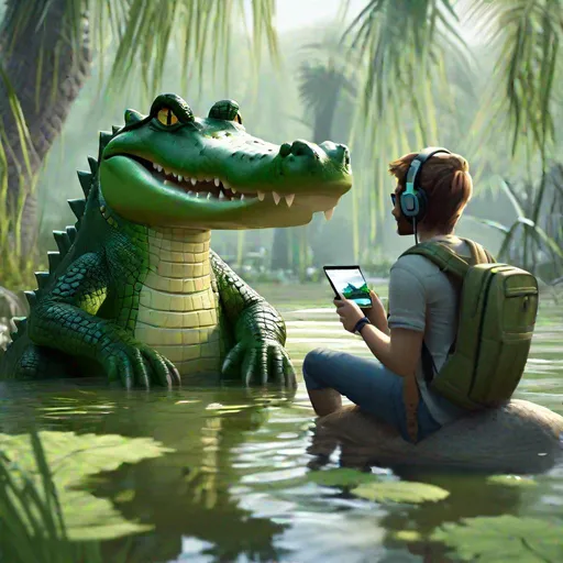 Prompt: a crocodile playing videogames in the swamp with a human friend, professional, UHD, HD, highly detailed, palsey, sketch