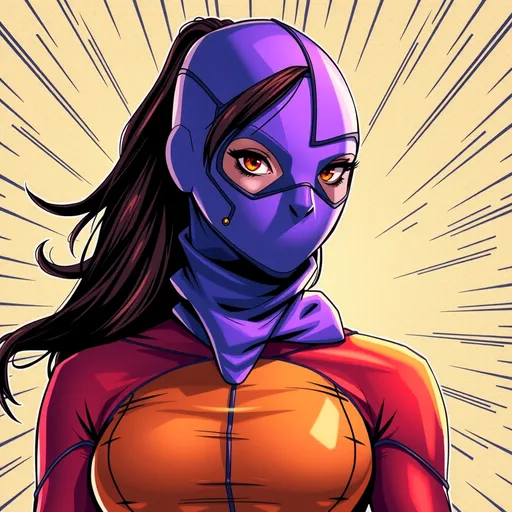 Prompt: superheroine in a  bright tight superhero outfit with a tight fitting head covering superhero mask (((covering hair, head, and face))), with glowing eye holes, realistic comic book themed background.