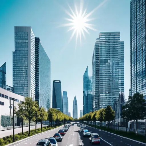 Prompt: Modern tall buildings city background black road with white tesla model S cars nice weather sunny day light blue sky high resolution 4k