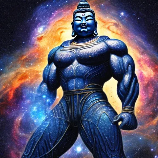 Prompt: lazulite armored bodybuilding buddha, widescreen, infinity vanishing point, spiral galaxy nebula background
