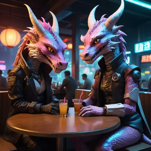 Prompt: Amidst the neon glow of a cyberpunk noodle bar, an enchanting scene unfolds. At the bar, a pair of anthro dragons, exuding elegance, share a quiet moment. Surrounding them, a diverse array of anthropomorphic furry animals, representing various species, engage in animated conversations. Let the cyberpunk cityscape come alive with this fusion of futuristic aesthetics and the charm of anthropomorphic characters, ensuring that every individual in the bustling scene is a unique furry creature.