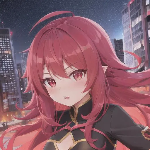 Prompt: draconic girl, loli girl, 8k, dynamic Lights, dark colors, city background, hyper detailed, detailed face, detailed hands, red hair, red eyes,