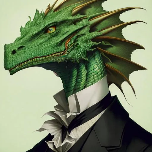Prompt: "anthropomorphic art of a businessman dragon, green dragon, portrait, victorian inspired clothing by artgerm, victo ngai, ryohei hase, artstation, fractal papers, newspaper, stock certificate, highly detailed digital painting, smooth, global illumination, fantasy art by greg rutkowsky, karl spitzweg"

